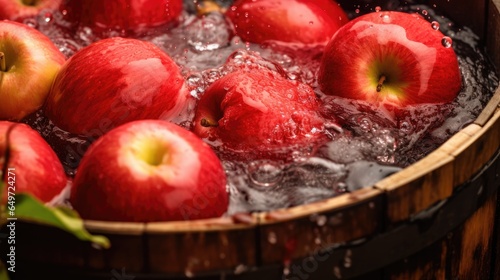 Tub or barrel filled with water and apples for Halloween custom of Apple Bobbing