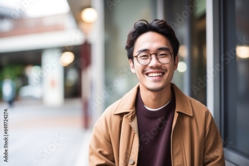 medium shot portrait of a happy Japanese man in his 20s wearing a chic cardigan against an abstract background