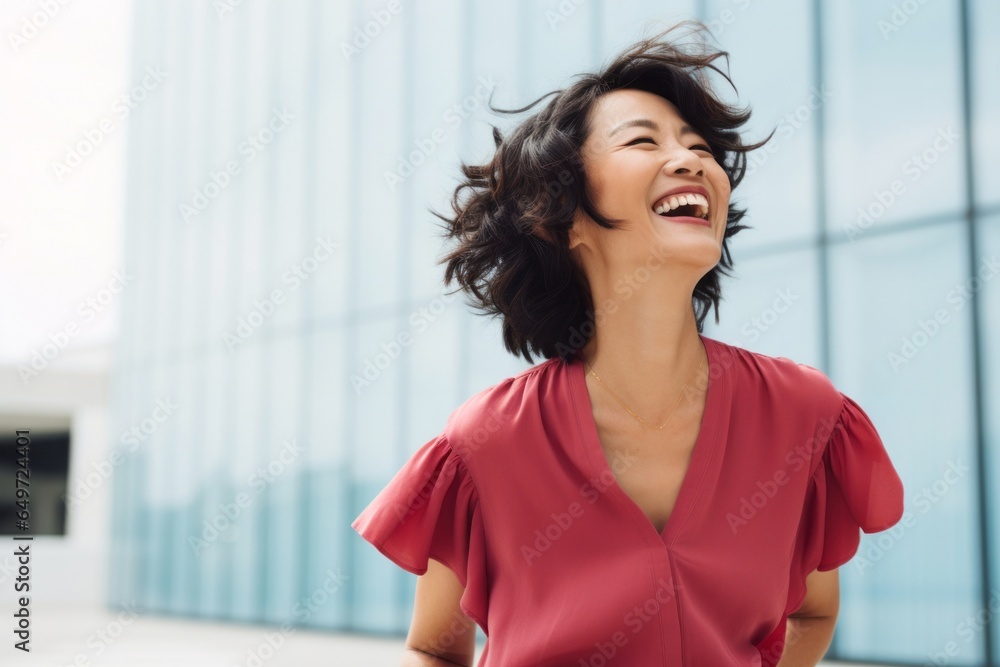 medium shot portrait of a happy Japanese woman in her 40s wearing knee-length shorts against a modern architectural background medium shot portrait of a happy Japanese woman in her 40s wearing knee-length shorts against a modern architectural background