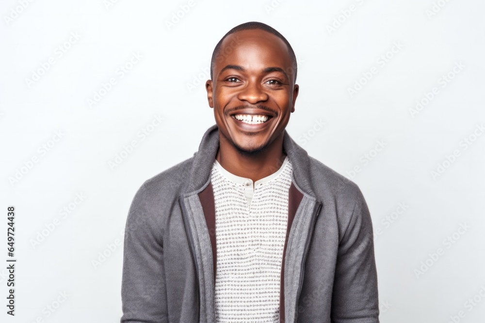 medium shot portrait of a happy Kenyan man in his 30s wearing a chic cardigan against a white background medium shot portrait of a happy Kenyan man in his 30s wearing a chic cardigan against a white background