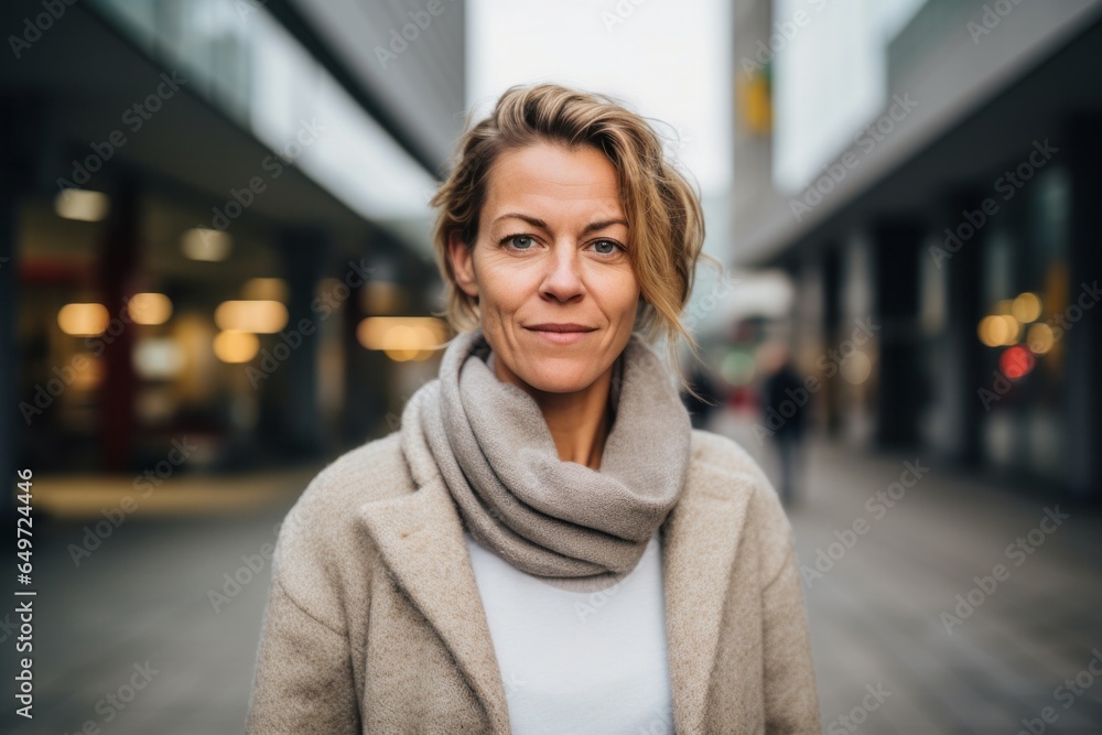 medium shot portrait of a Polish woman in her 40s wearing a chic cardigan against a modern architectural background medium shot portrait of a Polish woman in her 40s wearing a chic cardigan against a modern architectural background