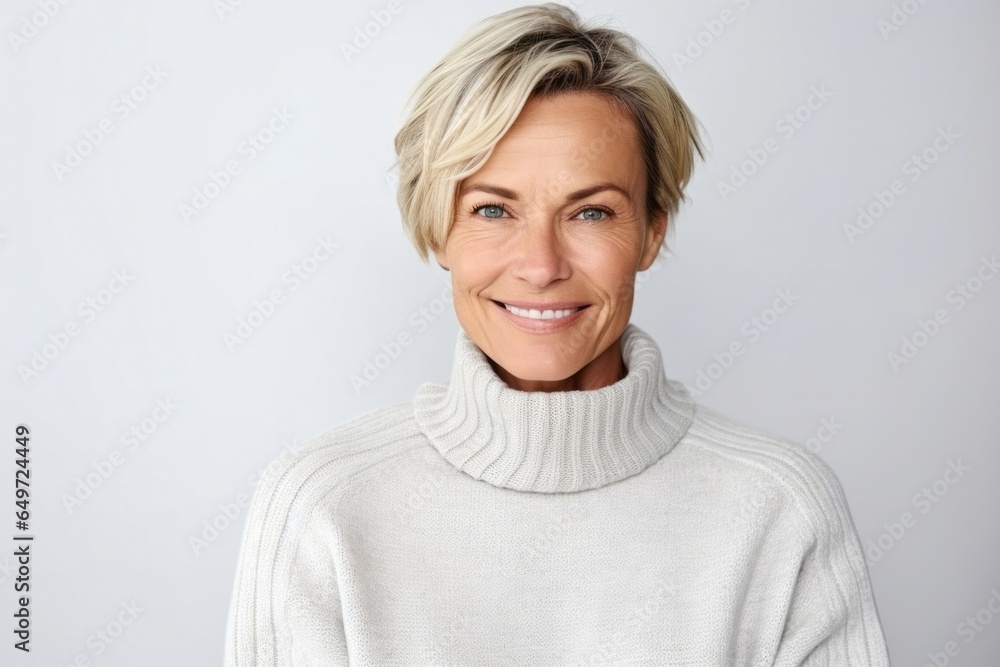 medium shot portrait of a Polish woman in her 40s wearing a cozy sweater against a white background medium shot portrait of a Polish woman in her 40s wearing a cozy sweater against a white background