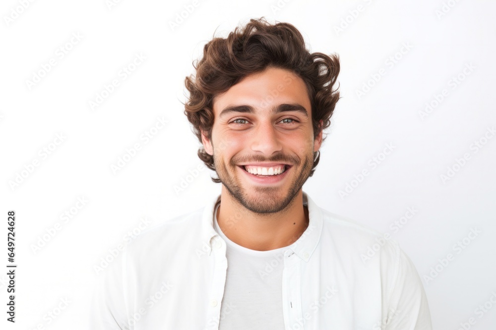 Obraz premium portrait of a happy Israeli man in his 20s wearing a chic cardigan against a white background