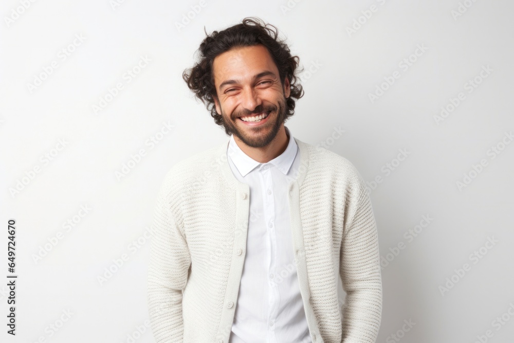 portrait of a happy Israeli man in his 30s wearing a chic cardigan against a white background portrait of a happy Israeli man in his 30s wearing a chic cardigan against a white background