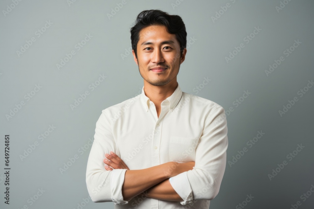 portrait of a happy Japanese man in his 30s wearing a chic cardigan against a minimalist or empty room background portrait of a happy Japanese man in his 30s wearing a chic cardigan against a minimalist or empty room background