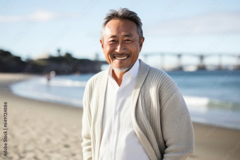 portrait of a happy Japanese man in his 50s wearing a chic cardigan against a beach background portrait of a happy Japanese man in his 50s wearing a chic cardigan against a beach background