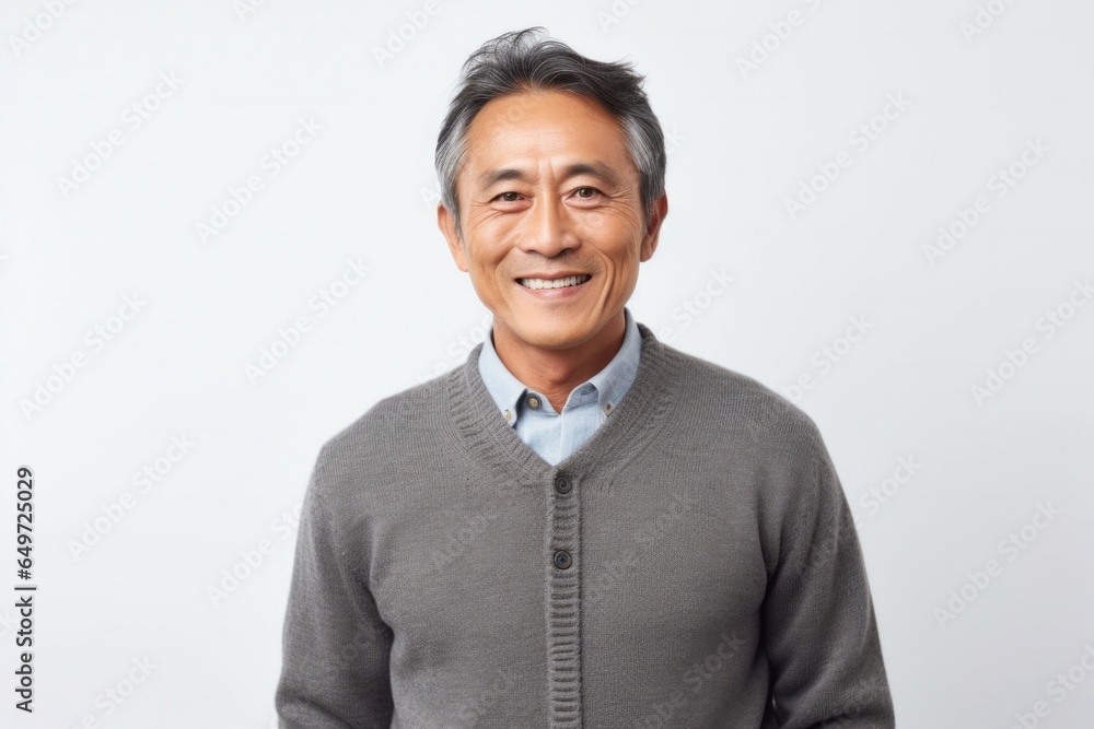 medium shot portrait of a happy Filipino man in his 50s wearing a chic cardigan against a white background medium shot portrait of a happy Filipino man in his 50s wearing a chic cardigan against a white background
