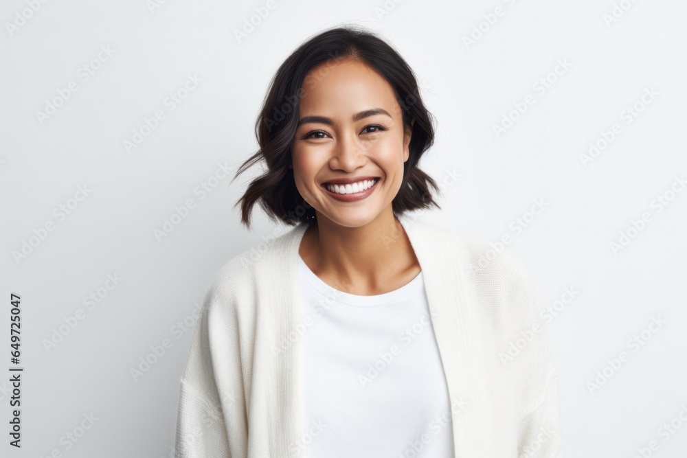 medium shot portrait of a happy Filipino woman in her 30s wearing a chic cardigan against a white background medium shot portrait of a happy Filipino woman in her 30s wearing a chic cardigan against a white background