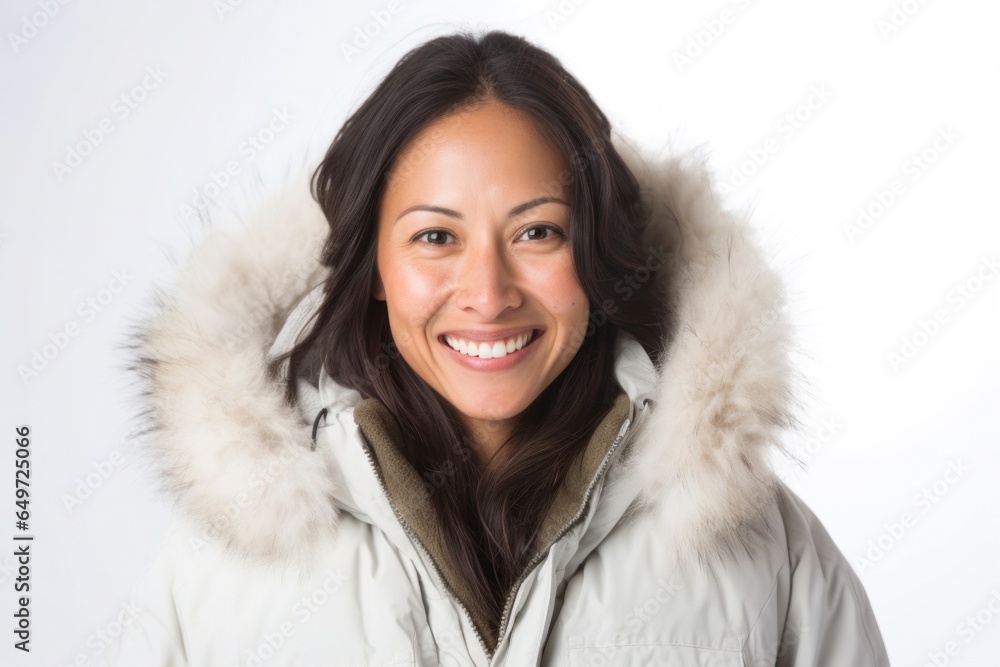 medium shot portrait of a happy Filipino woman in her 30s wearing a warm parka against a white background medium shot portrait of a happy Filipino woman in her 30s wearing a warm parka against a white background