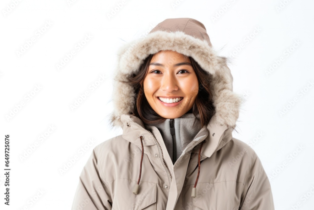 medium shot portrait of a happy Filipino woman in her 30s wearing a warm parka against a white background medium shot portrait of a happy Filipino woman in her 30s wearing a warm parka against a white background