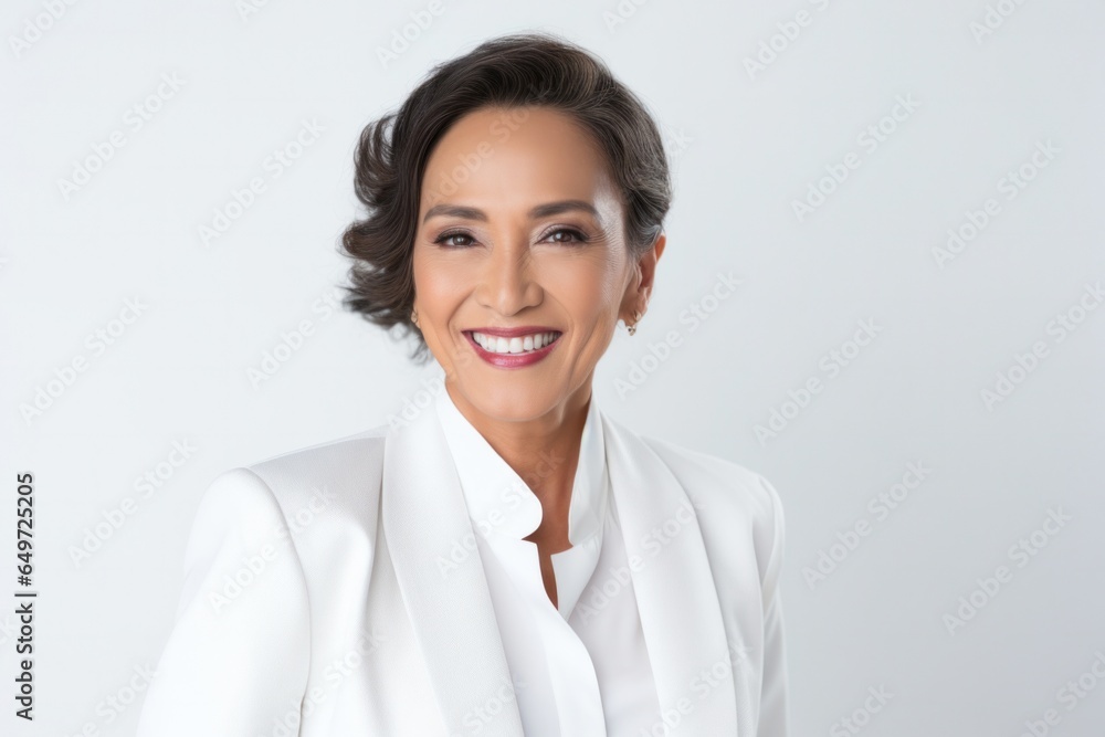 medium shot portrait of a happy Filipino woman in her 50s wearing a sleek suit against a white background medium shot portrait of a happy Filipino woman in her 50s wearing a sleek suit against a white background