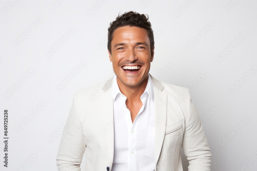 portrait of a happy Mexican man in his 40s wearing a chic cardigan against a white background portrait of a happy Mexican man in his 40s wearing a chic cardigan against a white background