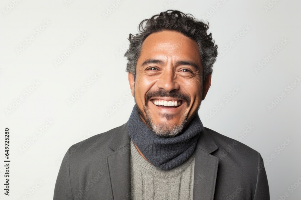 portrait of a happy Mexican man in his 40s wearing a chic cardigan against a white background portrait of a happy Mexican man in his 40s wearing a chic cardigan against a white background