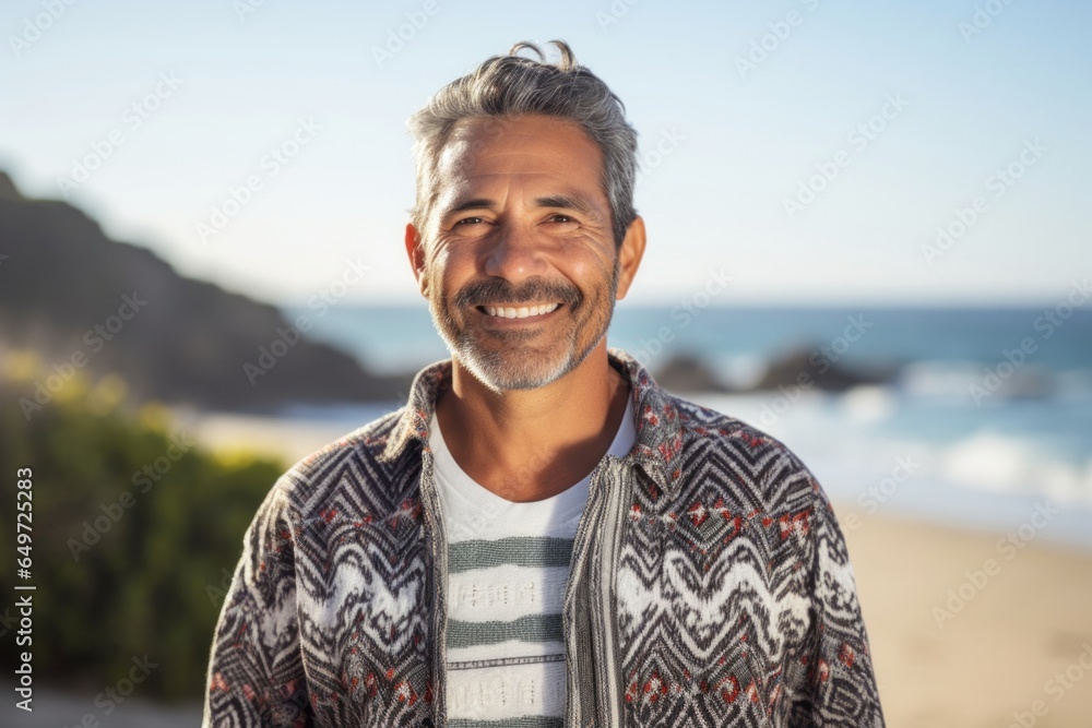 portrait of a happy Mexican man in his 50s wearing a chic cardigan against a beach background portrait of a happy Mexican man in his 50s wearing a chic cardigan against a beach background