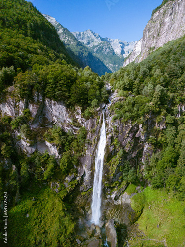 Foroglio waterfall with Swiss Alps in canton Tessin, Bavona valley, Switzerland, Europe. photo