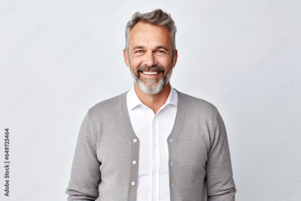 portrait of a happy Polish man in his 40s wearing a chic cardigan against a white background portrait of a happy Polish man in his 40s wearing a chic cardigan against a white background
