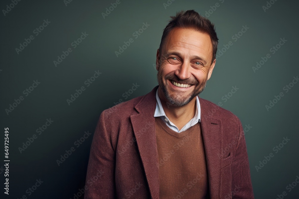 portrait of a happy Polish man in his 40s wearing a chic cardigan against an abstract background portrait of a happy Polish man in his 40s wearing a chic cardigan against an abstract background