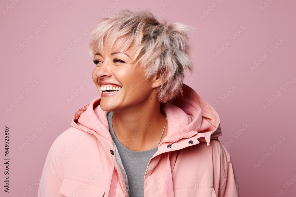portrait of a happy Polish woman in her 40s wearing a warm parka against a pastel or soft colors background portrait of a happy Polish woman in her 40s wearing a warm parka against a pastel or soft colors background