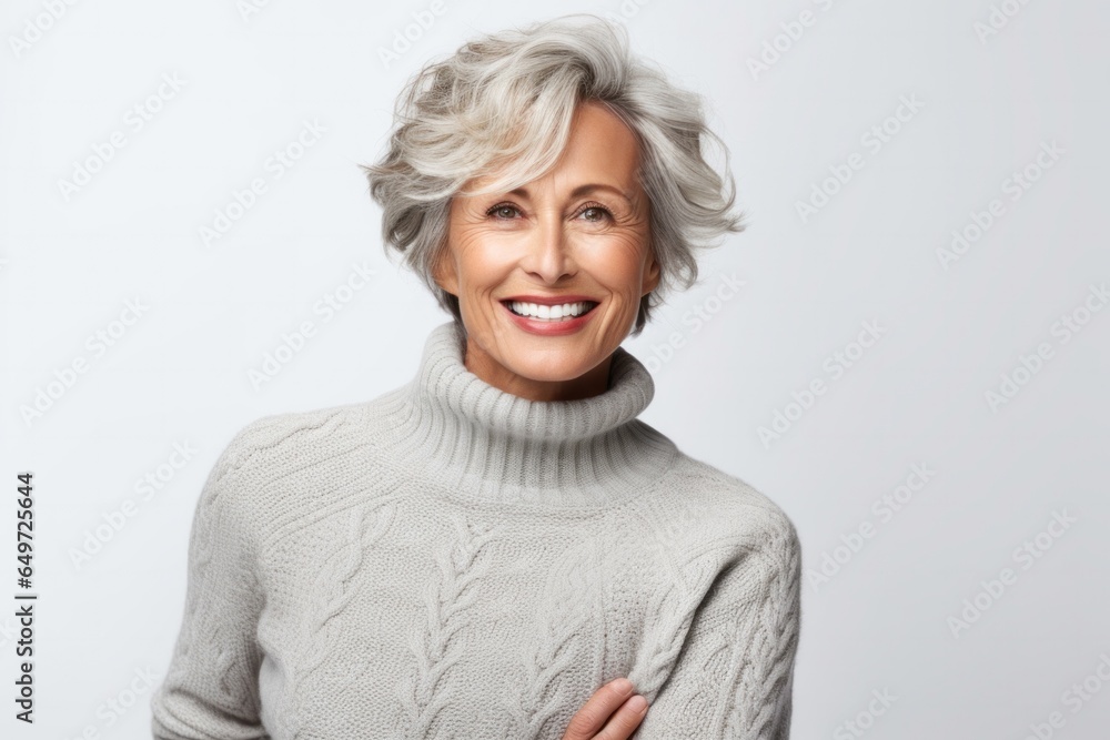 portrait of a happy Polish woman in her 50s wearing a cozy sweater against a white background portrait of a happy Polish woman in her 50s wearing a cozy sweater against a white background