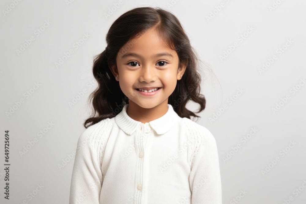 portrait of a happy Filipino child female wearing a chic cardigan against a white background portrait of a happy Filipino child female wearing a chic cardigan against a white background