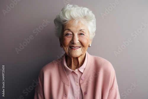 portrait of a happy Polish woman in her 90s wearing a chic cardigan against a minimalist or empty room background