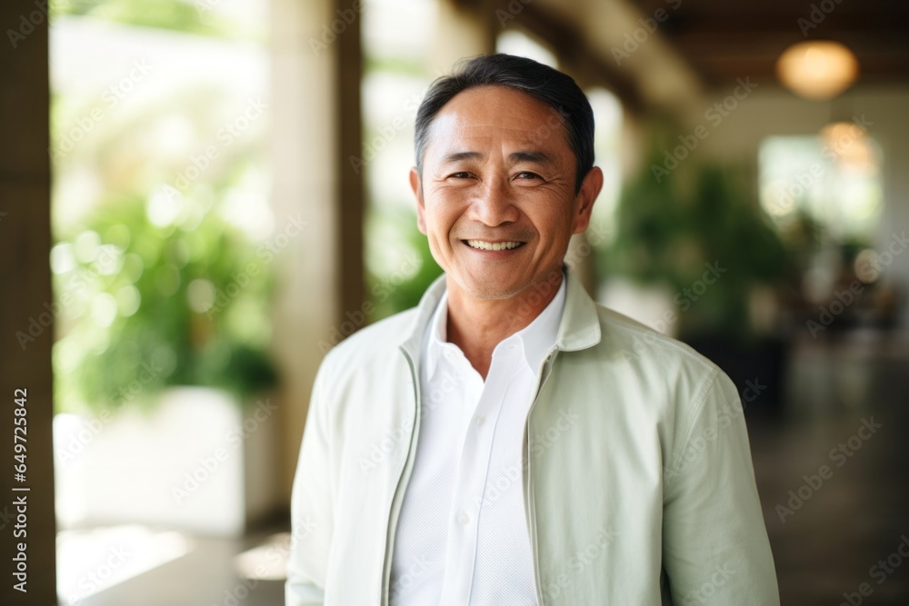 Fototapeta premium portrait of a happy Filipino man in his 50s wearing a chic cardigan against a white background