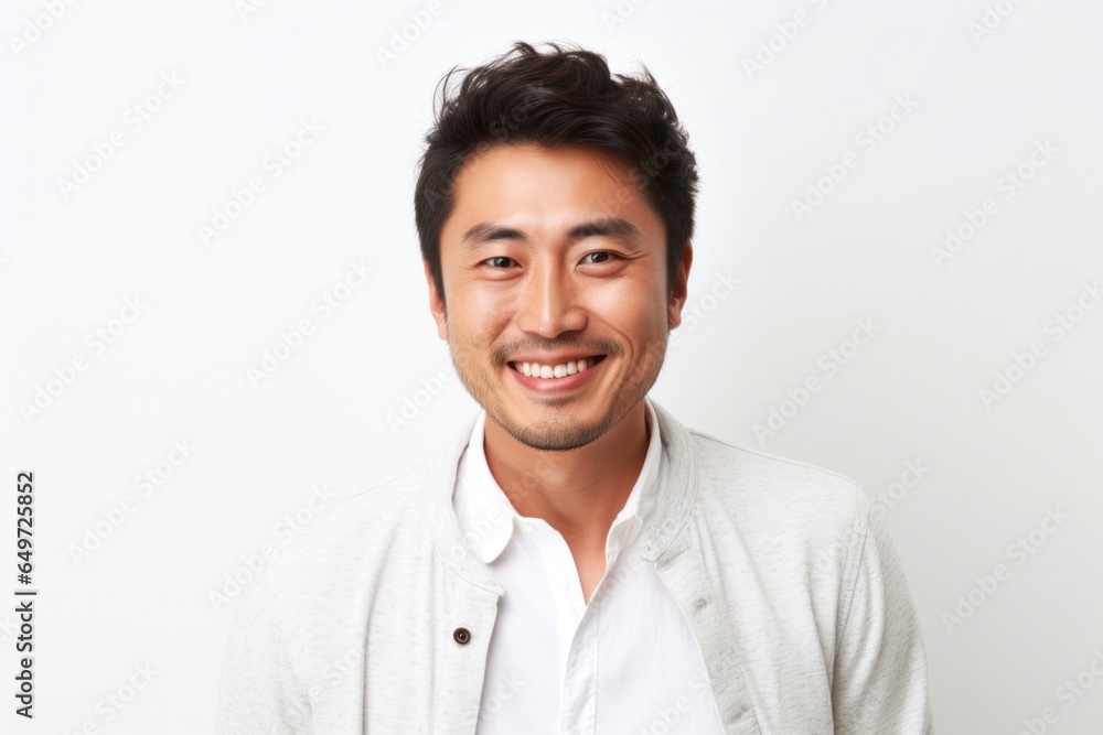 medium shot portrait of a happy Japanese man in his 30s wearing a chic cardigan against a white background medium shot portrait of a happy Japanese man in his 30s wearing a chic cardigan against a white background