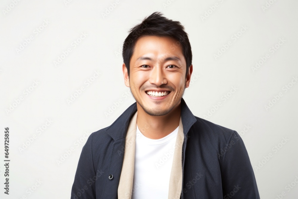 medium shot portrait of a happy Japanese man in his 30s wearing a chic cardigan against a white background medium shot portrait of a happy Japanese man in his 30s wearing a chic cardigan against a white background