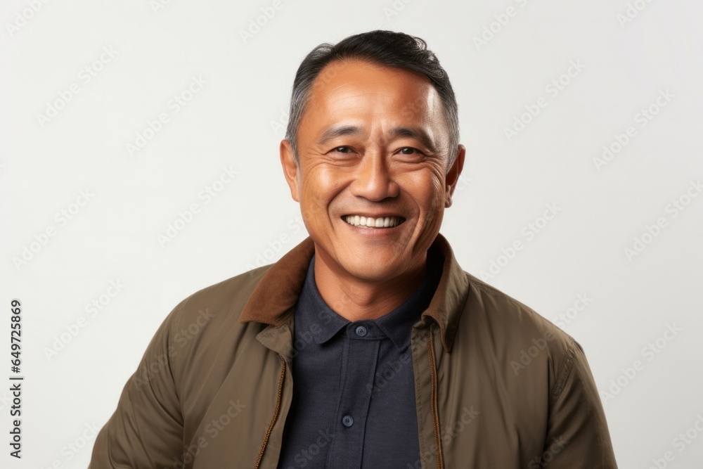 portrait of a happy Filipino man in his 50s wearing a chic cardigan against a white background portrait of a happy Filipino man in his 50s wearing a chic cardigan against a white background