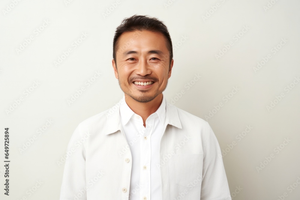 medium shot portrait of a happy Japanese man in his 40s wearing a chic cardigan against a minimalist or empty room background medium shot portrait of a happy Japanese man in his 40s wearing a chic cardigan against a minimalist or empty room background