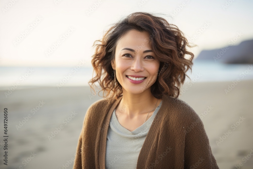 medium shot portrait of a happy Japanese woman in her 40s wearing a chic cardigan against a beach background medium shot portrait of a happy Japanese woman in her 40s wearing a chic cardigan against a beach background