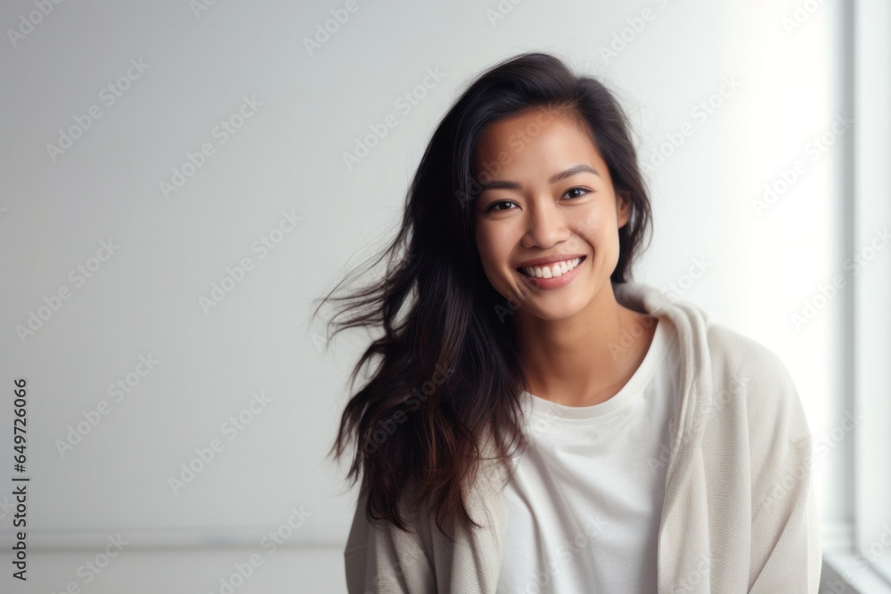 portrait of a happy Filipino woman in her 30s wearing a cozy sweater against a minimalist or empty room background portrait of a happy Filipino woman in her 30s wearing a cozy sweater against a minimalist or empty room background