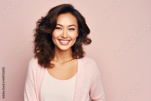 portrait of a happy Filipino woman in her 30s wearing a chic cardigan against a pastel or soft colors background