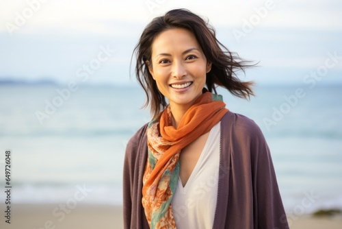 medium shot portrait of a happy Japanese woman in her 30s wearing a foulard against a beach background