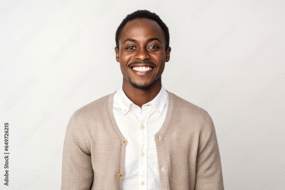 medium shot portrait of a happy Kenyan man in his 20s wearing a chic cardigan against a white background medium shot portrait of a happy Kenyan man in his 20s wearing a chic cardigan against a white background