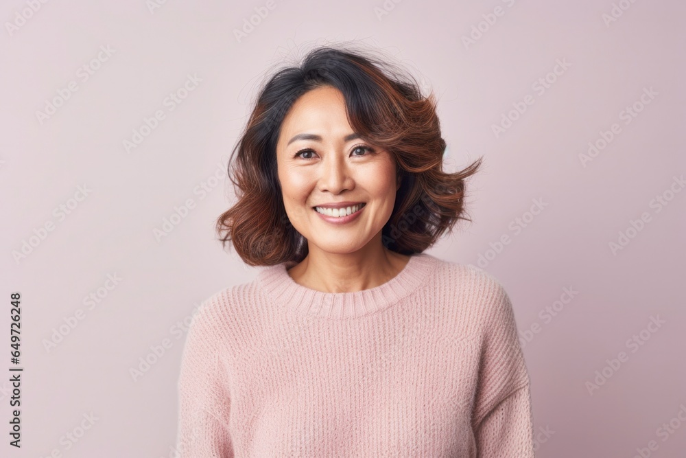 medium shot portrait of a happy Japanese woman in her 40s wearing a cozy sweater against a pastel or soft colors background