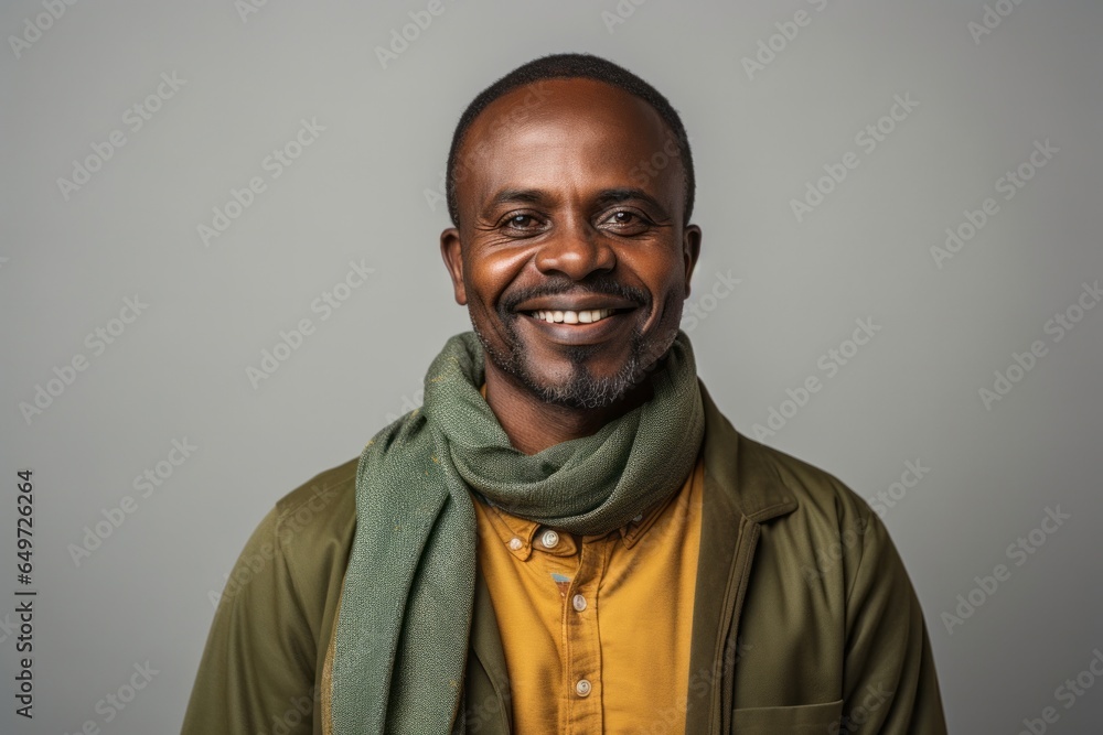 medium shot portrait of a happy Kenyan man in his 40s wearing a foulard against a minimalist or empty room background