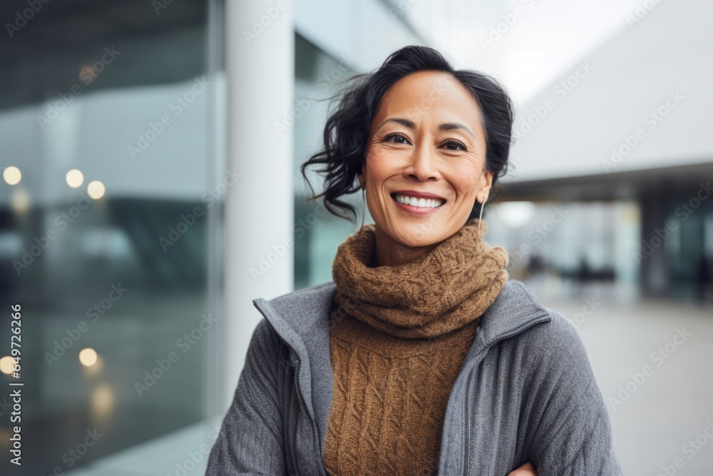 portrait of a happy Filipino woman in her 50s wearing a cozy sweater against a modern architectural background