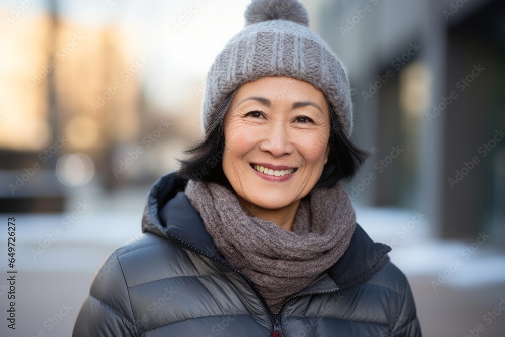 portrait of a happy Filipino woman in her 50s wearing a cozy sweater against a modern architectural background portrait of a happy Filipino woman in her 50s wearing a cozy sweater against a modern architectural background
