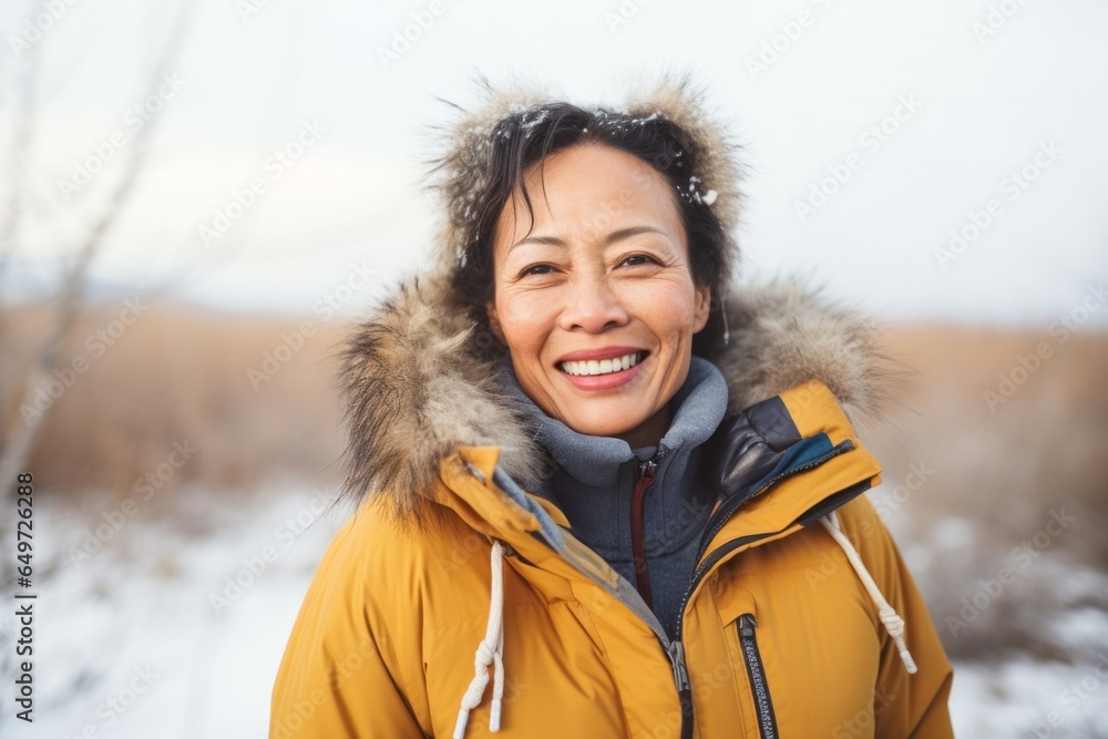 portrait of a happy Filipino woman in her 50s wearing a warm parka against a white background portrait of a happy Filipino woman in her 50s wearing a warm parka against a white background