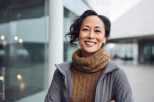 portrait of a happy Filipino woman in her 50s wearing a cozy sweater against a modern architectural background photo