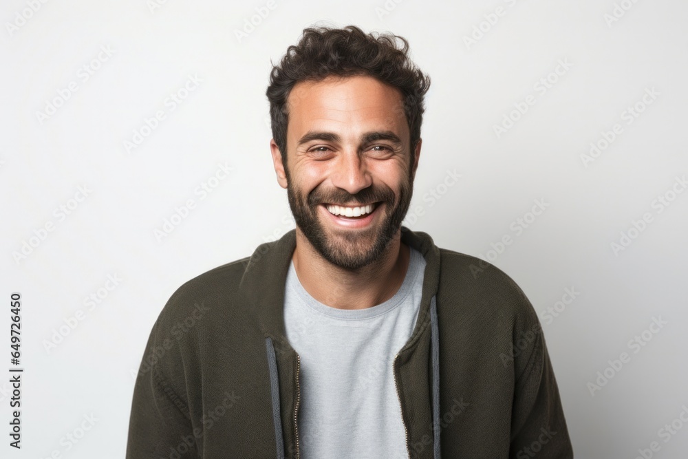 portrait of a happy Israeli man in his 30s wearing a chic cardigan against a white background portrait of a happy Israeli man in his 30s wearing a chic cardigan against a white background