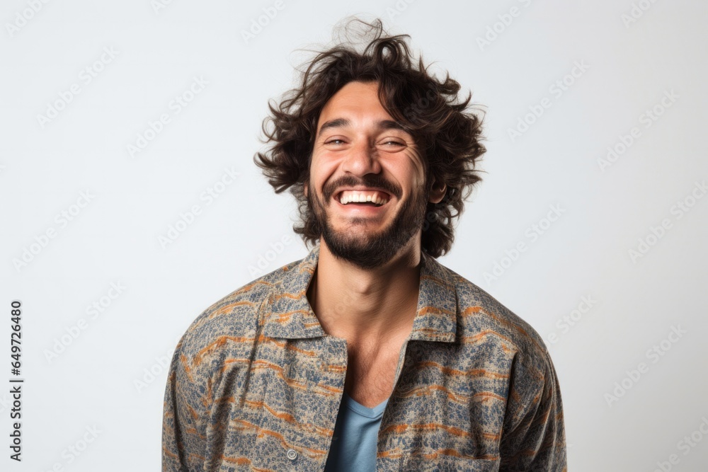 portrait of a happy Israeli man in his 30s wearing a snuggly pajama set against a white background portrait of a happy Israeli man in his 30s wearing a snuggly pajama set against a white background