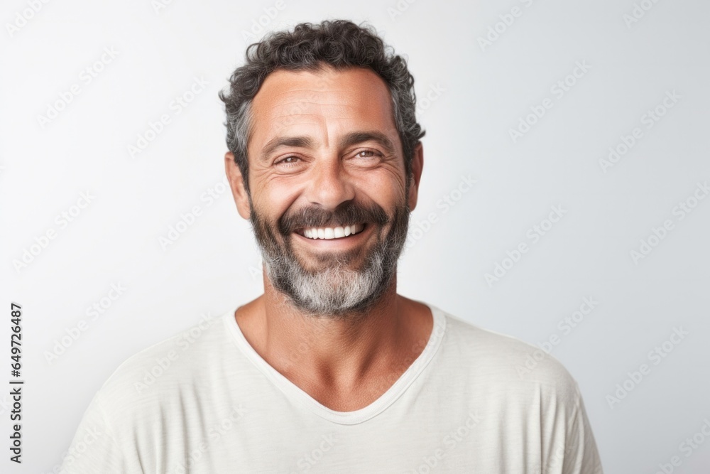 portrait of a happy Israeli man in his 40s wearing a chic cardigan against a white background portrait of a happy Israeli man in his 40s wearing a chic cardigan against a white background