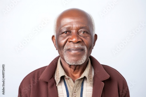 medium shot portrait of a happy Kenyan man in his 70s wearing a chic cardigan against a white background