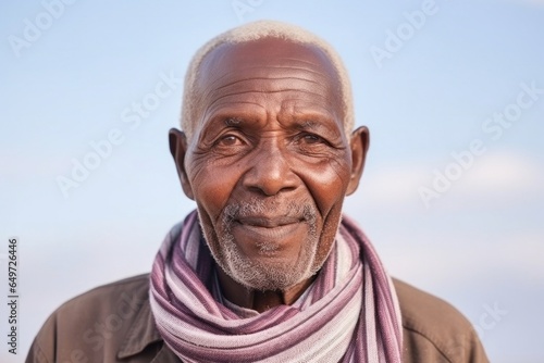 medium shot portrait of a happy Kenyan man in his 90s wearing a charming scarf against a minimalist or empty room background