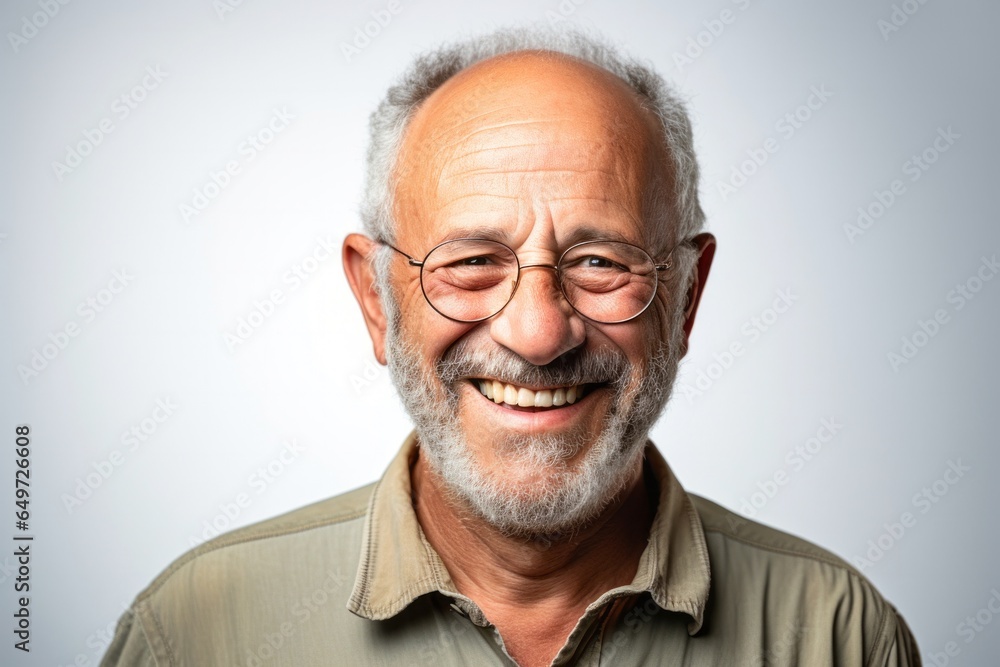 portrait of a happy Israeli man in his 50s wearing a chic cardigan against a white background portrait of a happy Israeli man in his 50s wearing a chic cardigan against a white background