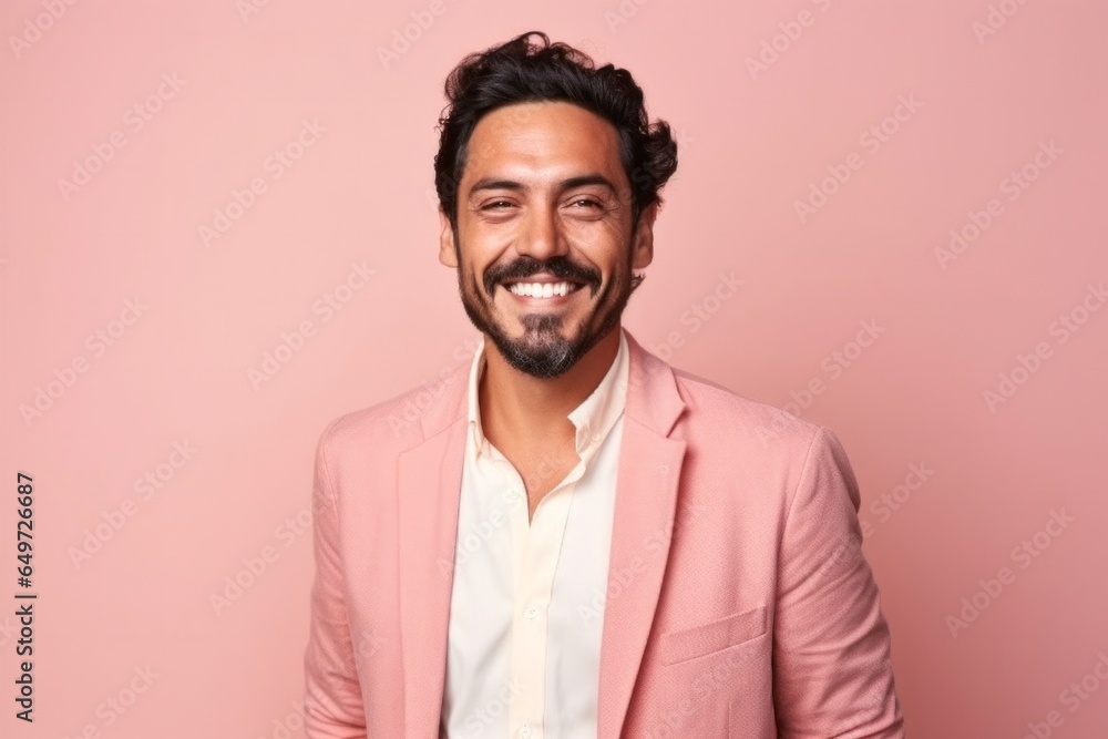 medium shot portrait of a happy Mexican man in his 30s wearing a chic cardigan against a pastel or soft colors background medium shot portrait of a happy Mexican man in his 30s wearing a chic cardigan against a pastel or soft colors background