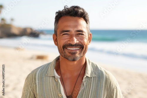 medium shot portrait of a happy Mexican man in his 40s wearing a simple tunic against a beach background
