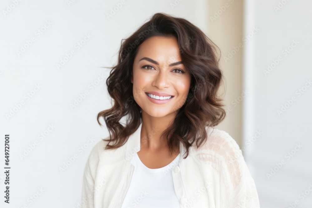 medium shot portrait of a happy Mexican woman in her 30s wearing a chic cardigan against a white background medium shot portrait of a happy Mexican woman in her 30s wearing a chic cardigan against a white background